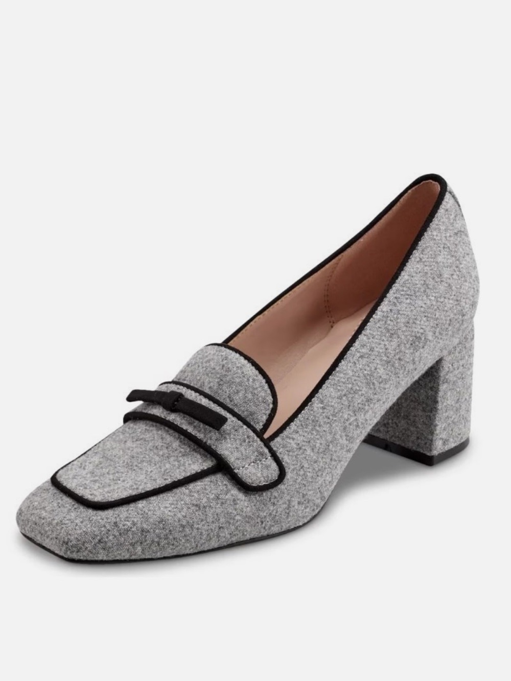 NEW NWOB Bandolino Larkin Grey Textile Pump Heel Black Bow Square Toe US 9 M
